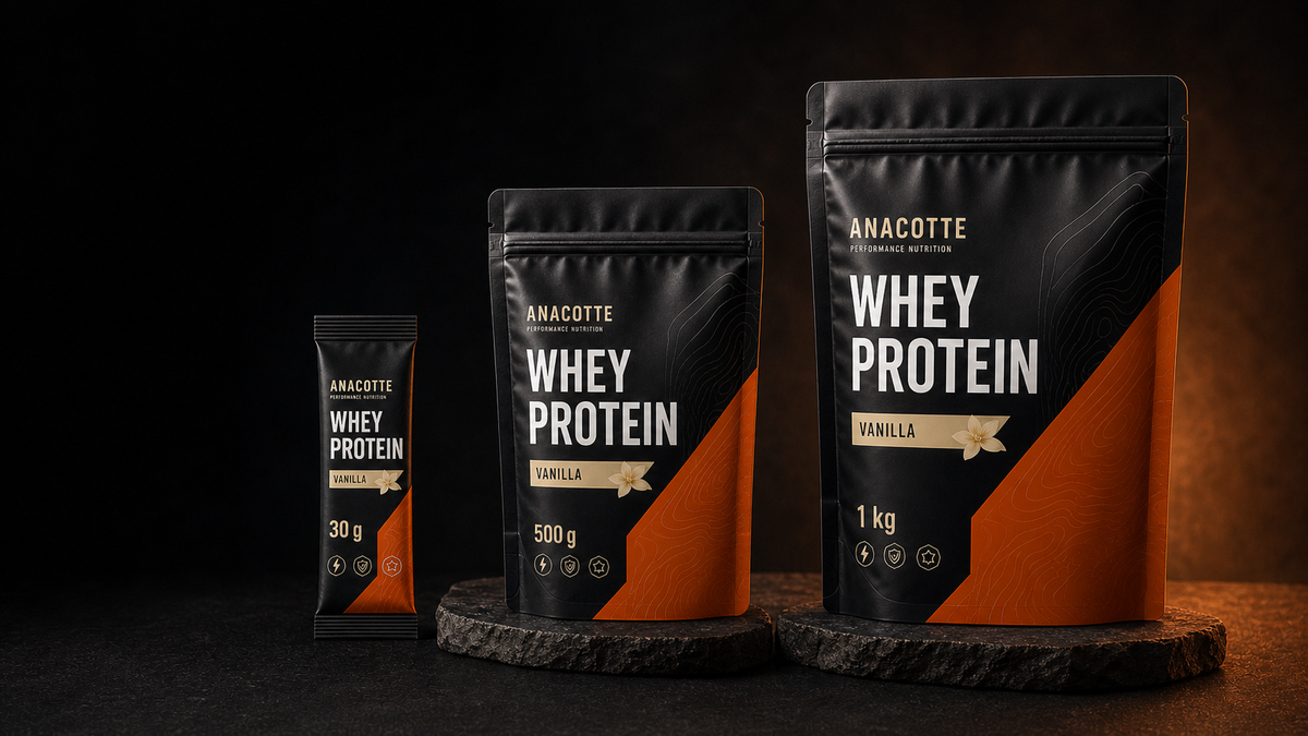 ANACOTTE whey protein packaging in 30 g, 500 g and 1 kg sizes