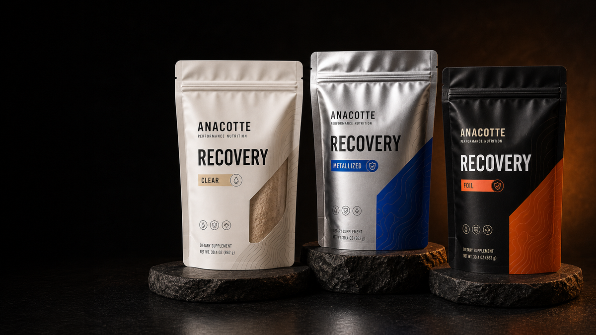 ANACOTTE finished recovery pouches in clear, metallized and foil finishes