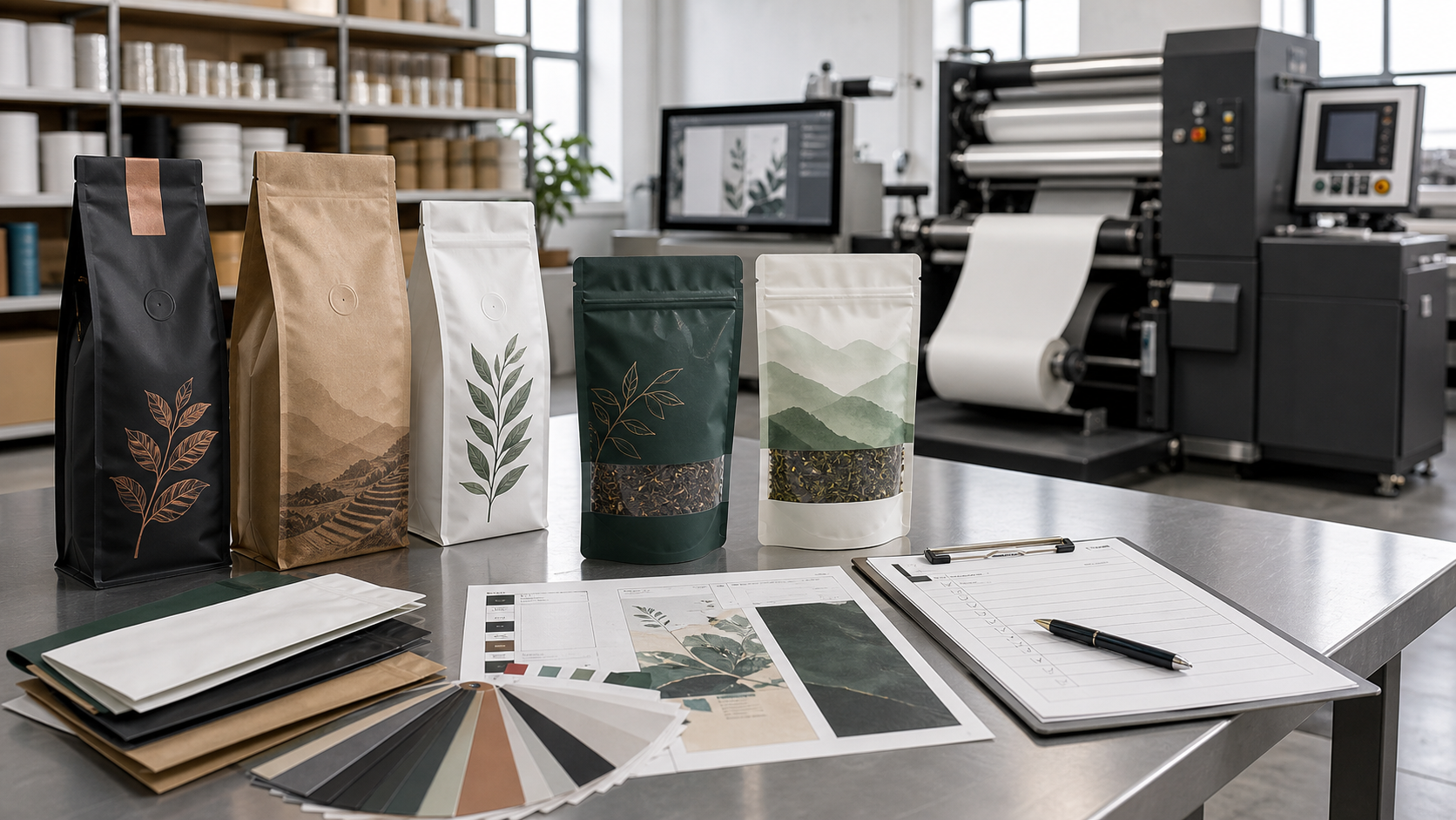 Coffee and tea custom flexible packaging production setup with pouches and proof sheets