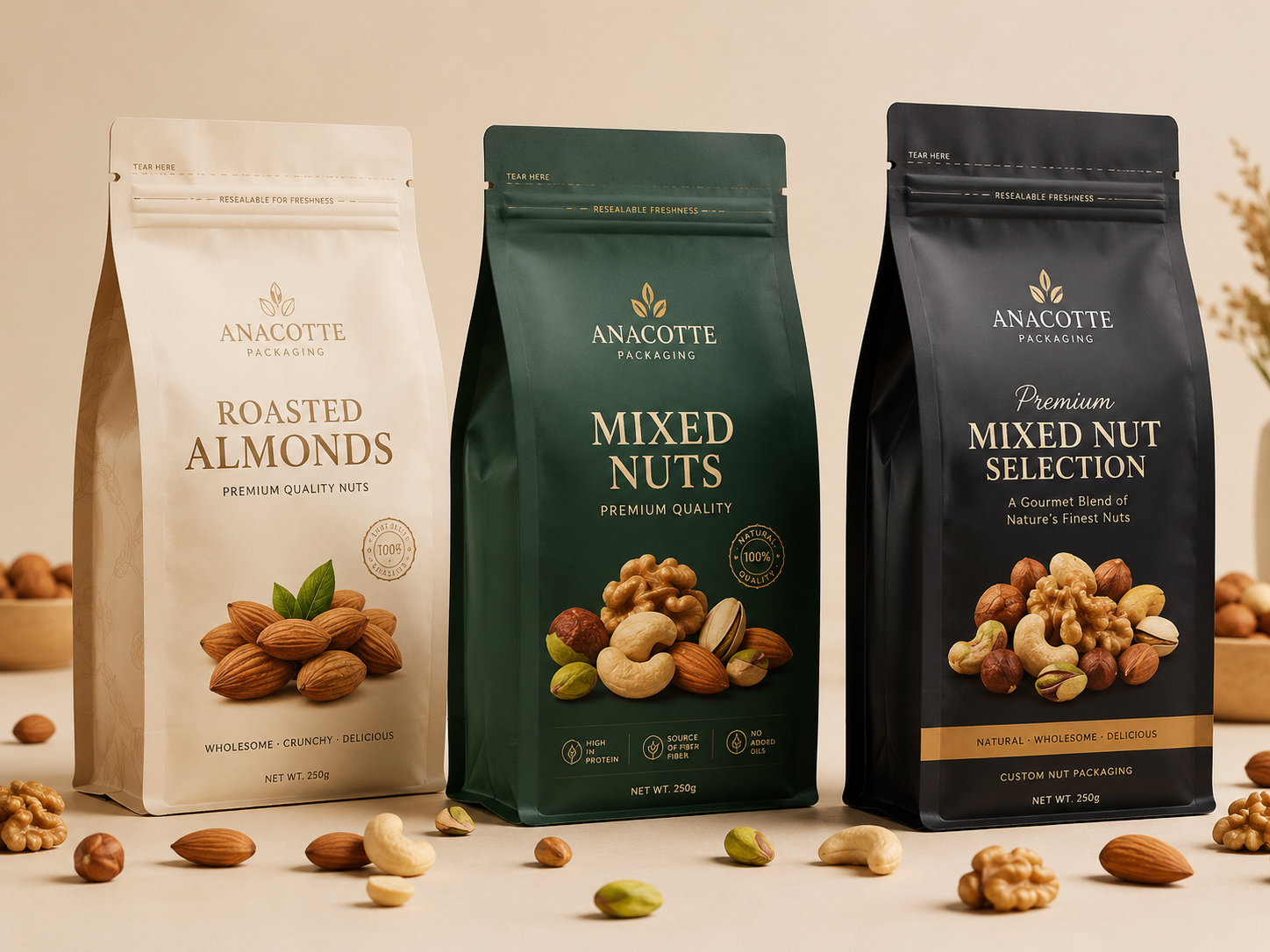 8 oz / 250g Custom Nut Packaging Pouches | Flat Bottom Nut Bags
