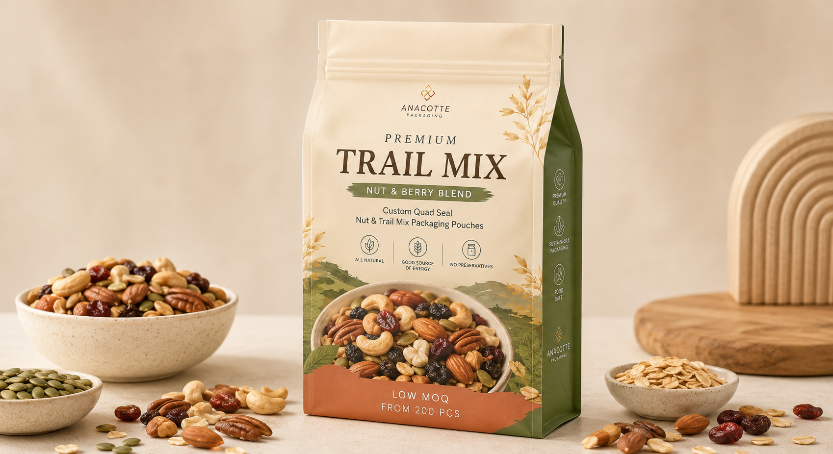 16 oz / 1 lb / 500g Custom Quad Seal Nut & Trail Mix Packaging Pouches
