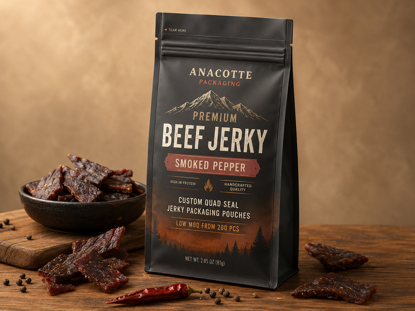 Custom 3 oz / 85g Jerky Quad Seal Pouches Packaging