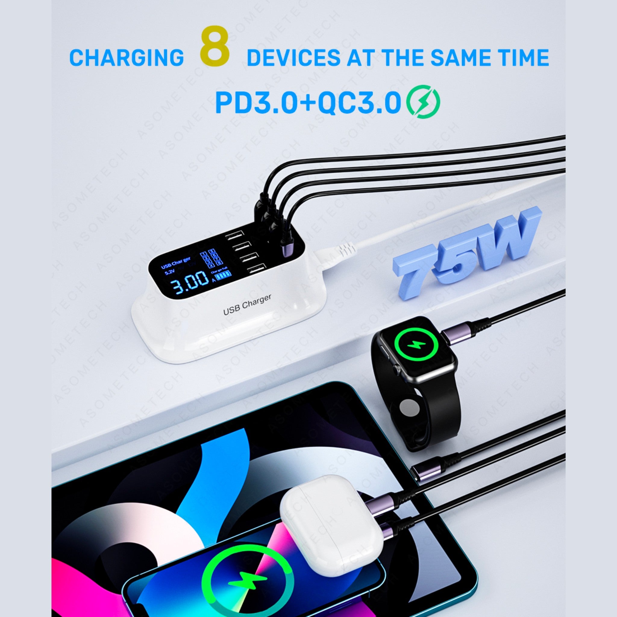 8 Port LED Display, Fast Charger, for iPhone 13 12, Xiaomi, Huawei, Samsung Anacotte