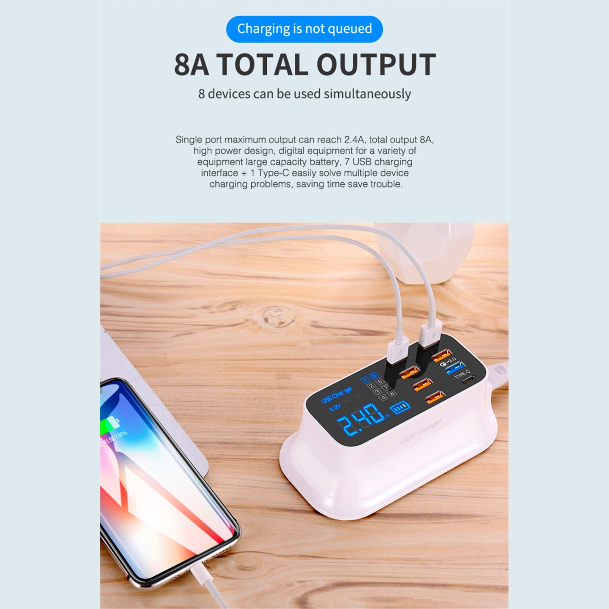 8 Port LED Display, Fast Charger, for iPhone 13 12, Xiaomi, Huawei, Samsung Anacotte