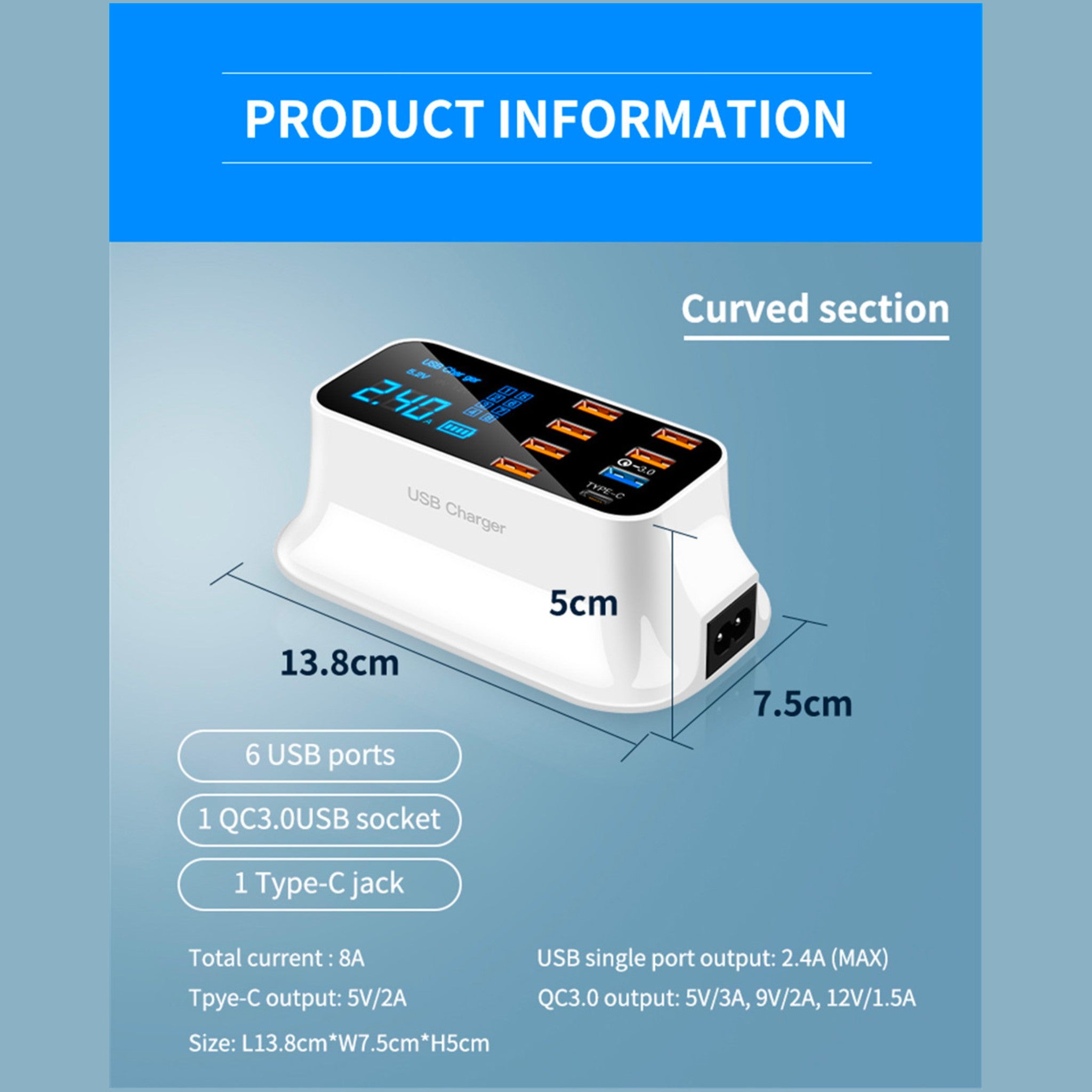 8 Port LED Display, Fast Charger, for iPhone 13 12, Xiaomi, Huawei, Samsung Anacotte