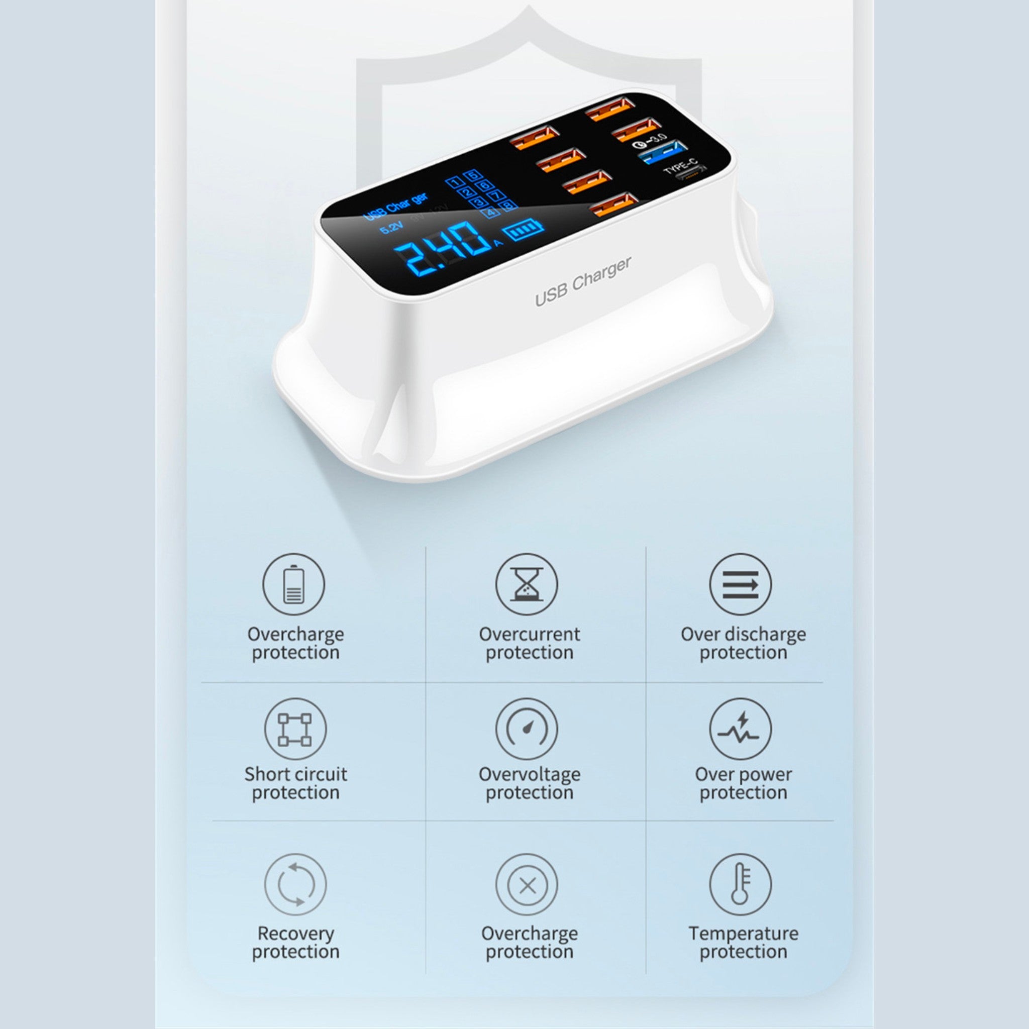 8 Port LED Display, Fast Charger, for iPhone 13 12, Xiaomi, Huawei, Samsung Anacotte