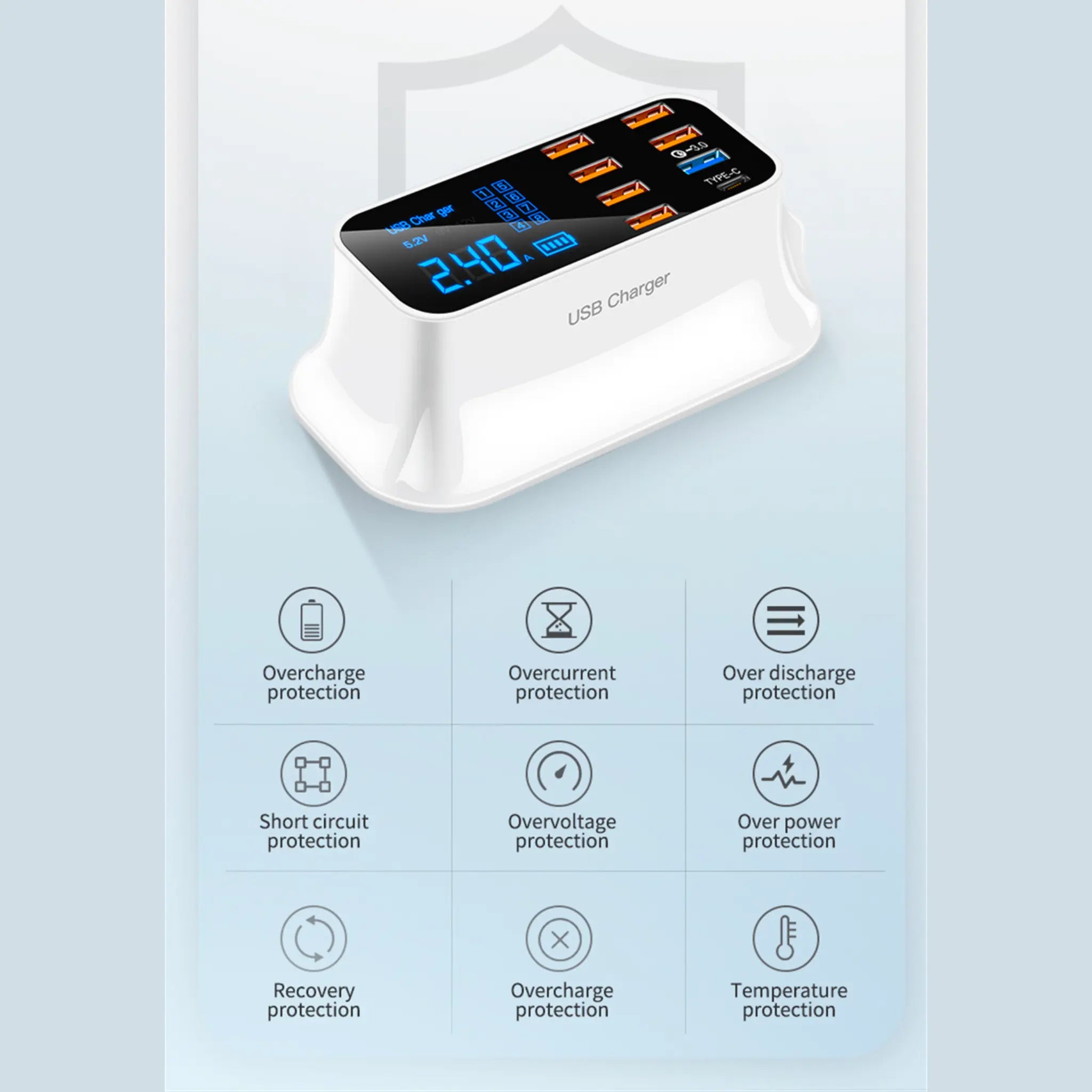 8 Port LED Display, Fast Charger, for iPhone 13 12, Xiaomi, Huawei, Samsung Anacotte