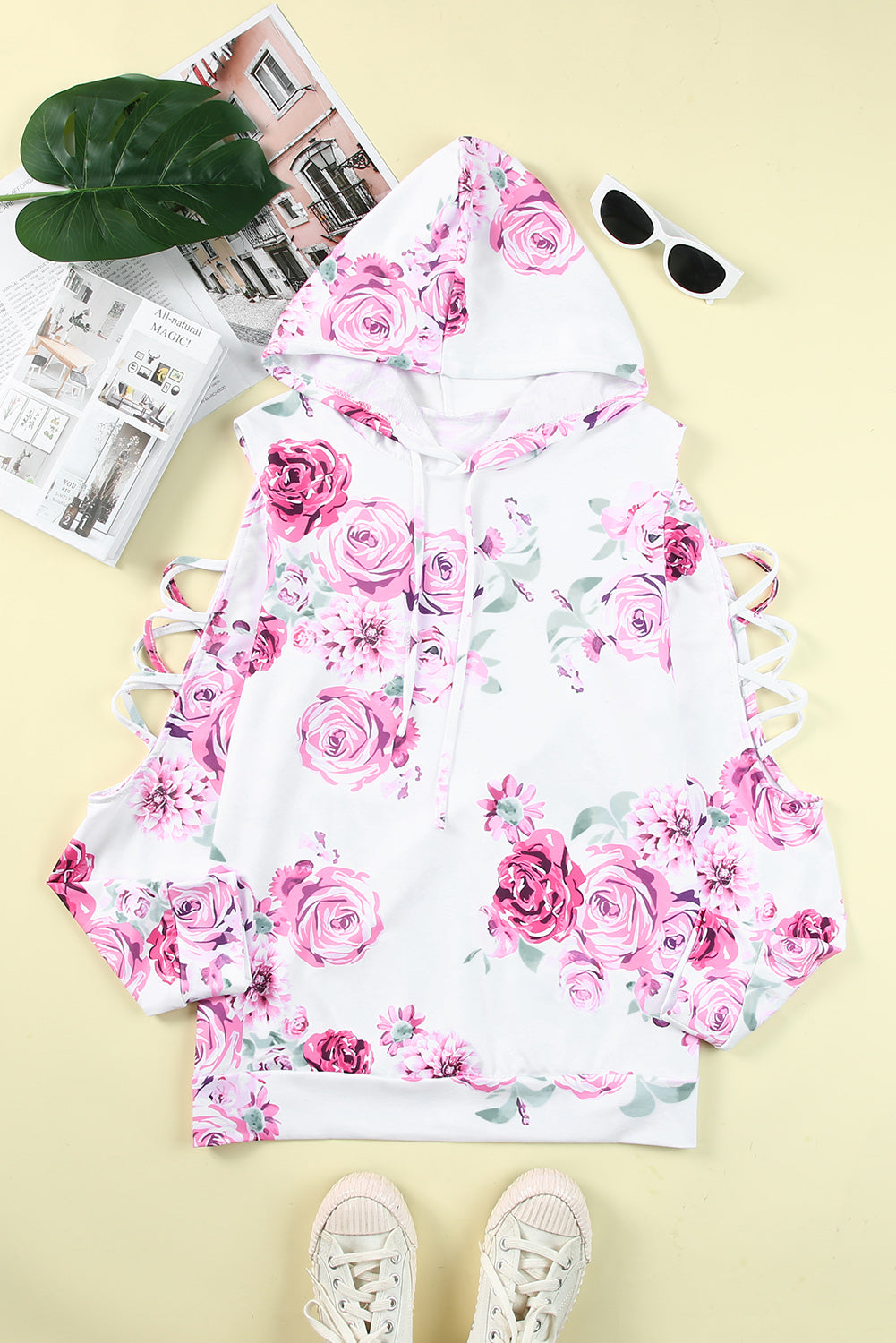 Floral Crisscross Drawstring Hoodie