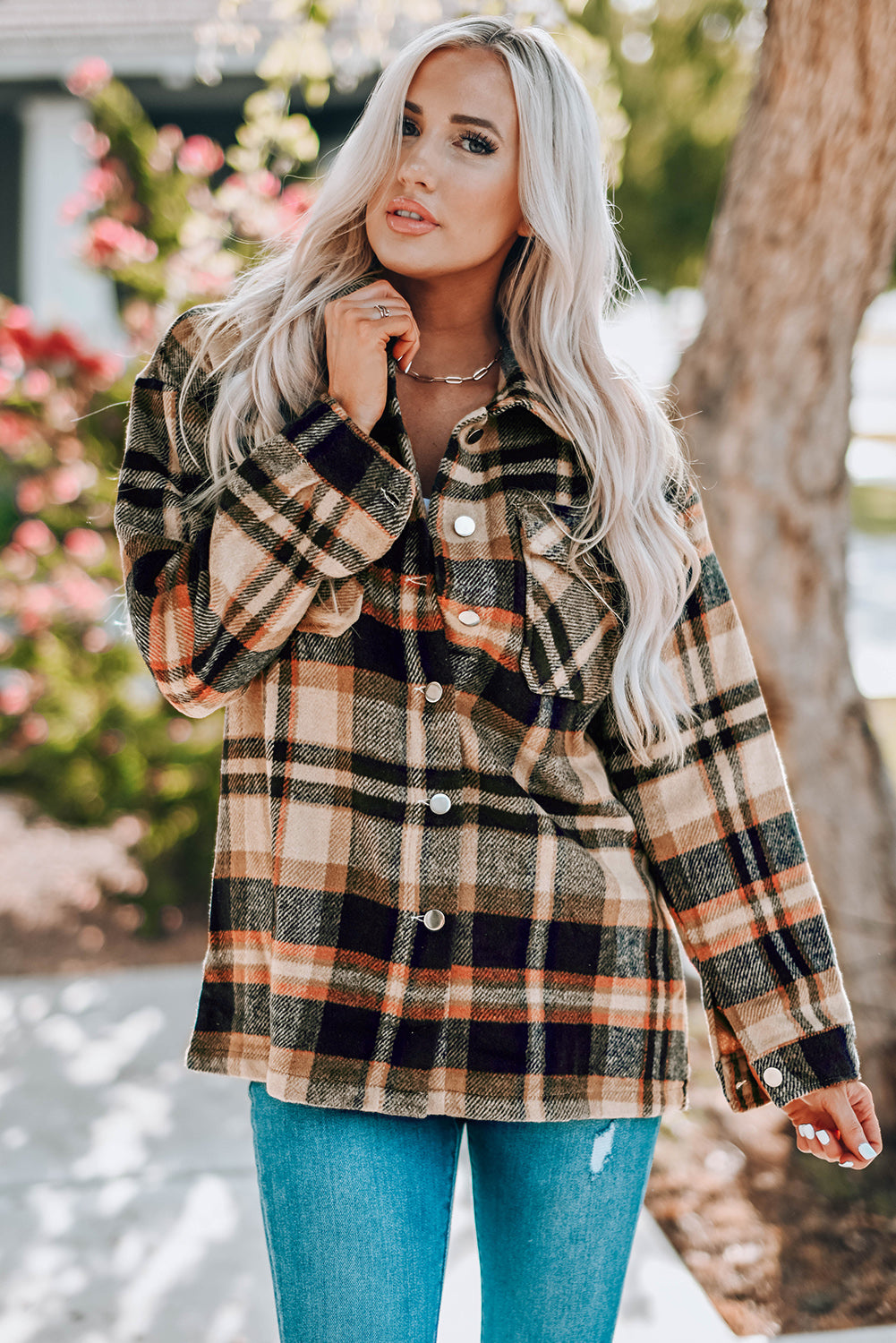 Plaid Button Front Shirt Jacket with Breast Pockets