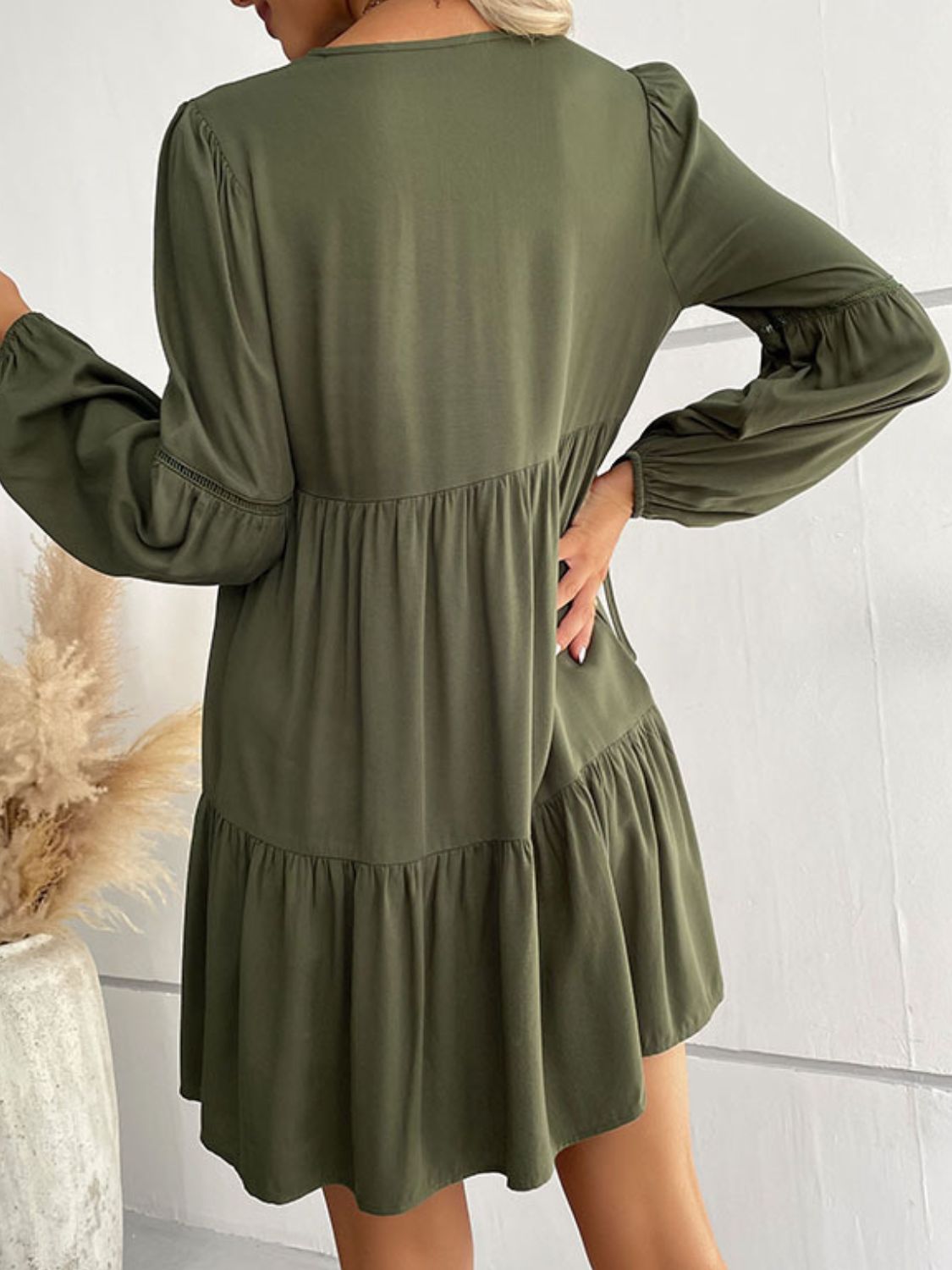 Buttoned Puff Sleeve Tiered Dress