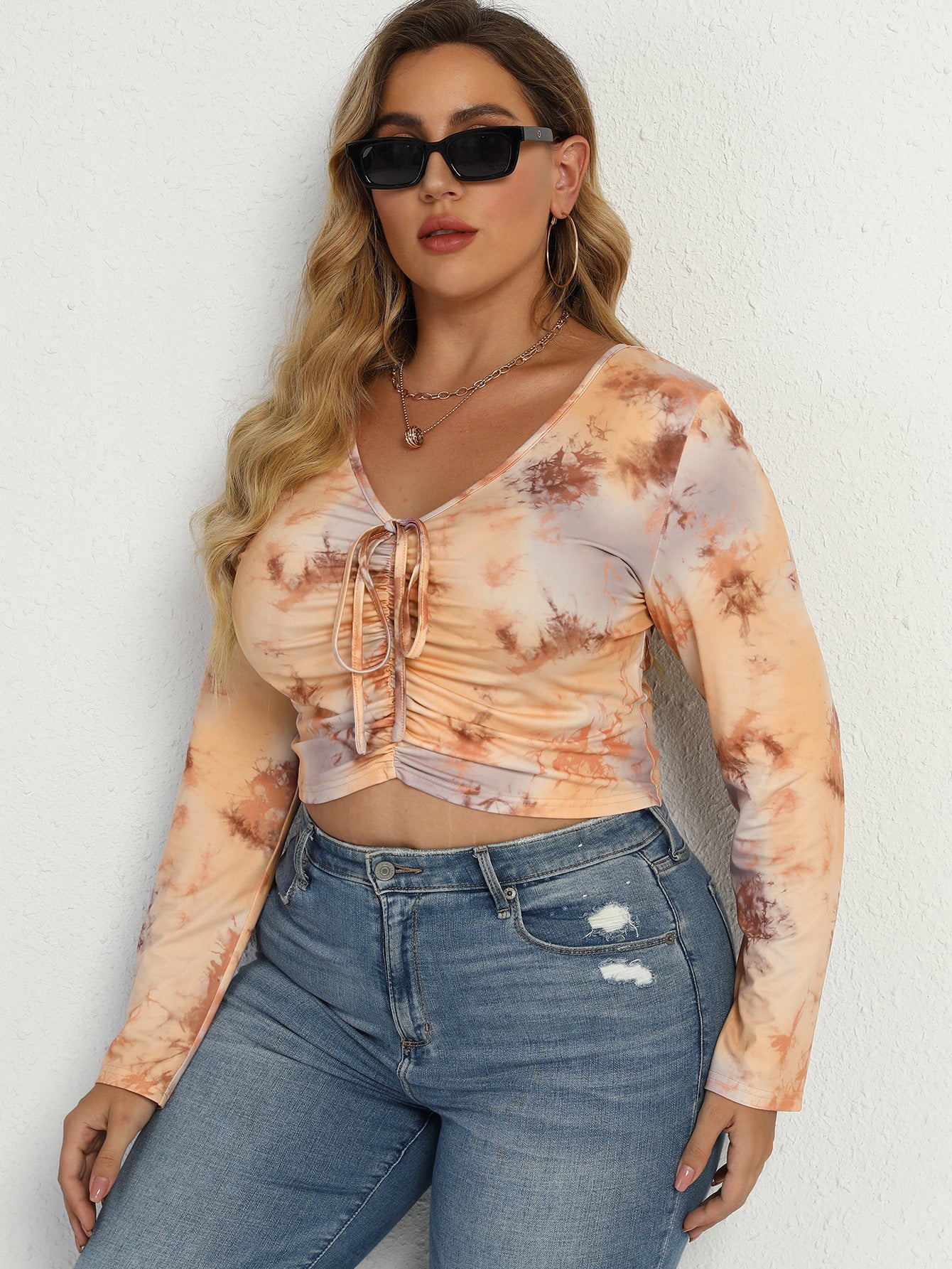 Plus Size Drawstring V-Neck Crop Top