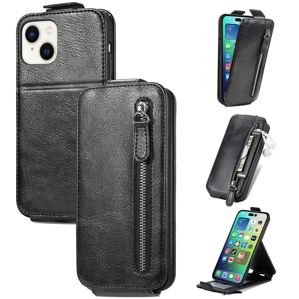 iPhone 14 Anacotte Leather Zipper Card Wallet Flip Cover Car Magnetic Holder Stand Coque iPhone case Anacotte