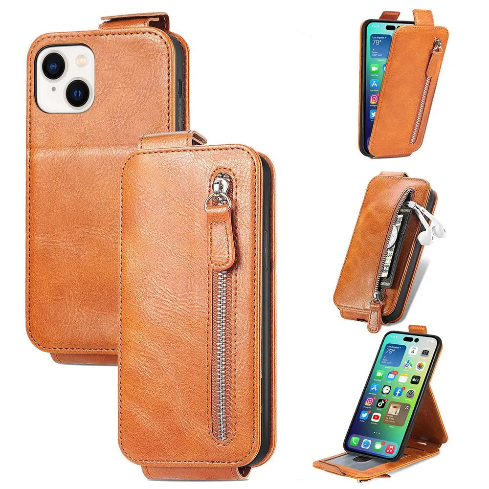iPhone 14 Anacotte Leather Zipper Card Wallet Flip Cover Car Magnetic Holder Stand Coque iPhone case Anacotte