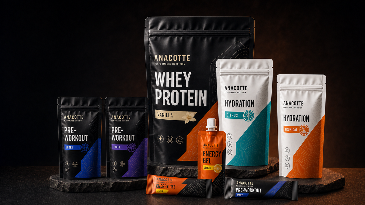 ANACOTTE finished multi-SKU sports nutrition packaging collection