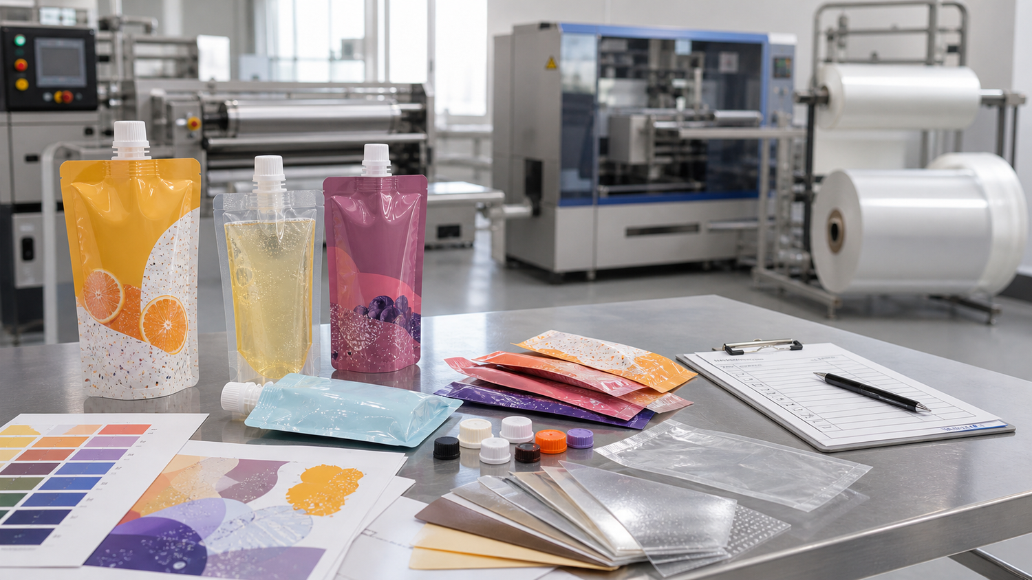 Beverage custom spout pouch and flexible packaging production setup