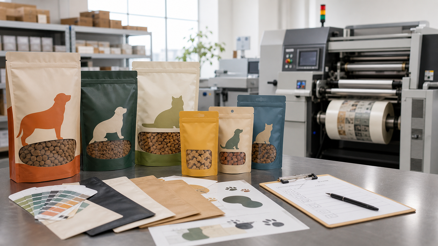 Pet food and treats custom flexible packaging production setup with resealable pouches
