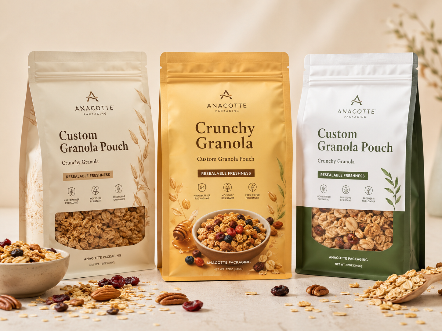 12 oz / 340g Custom Granola Packaging Pouches | Flat Bottom Food Bags