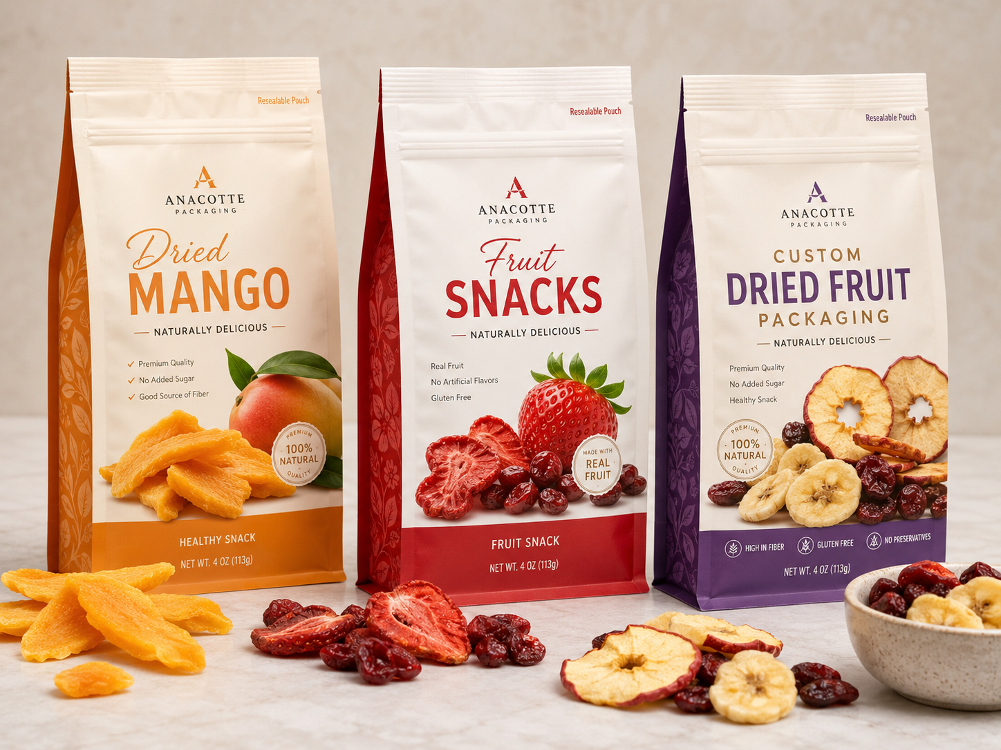 Custom Dried Fruit Packaging Pouches | Flat Bottom Fruit Bags