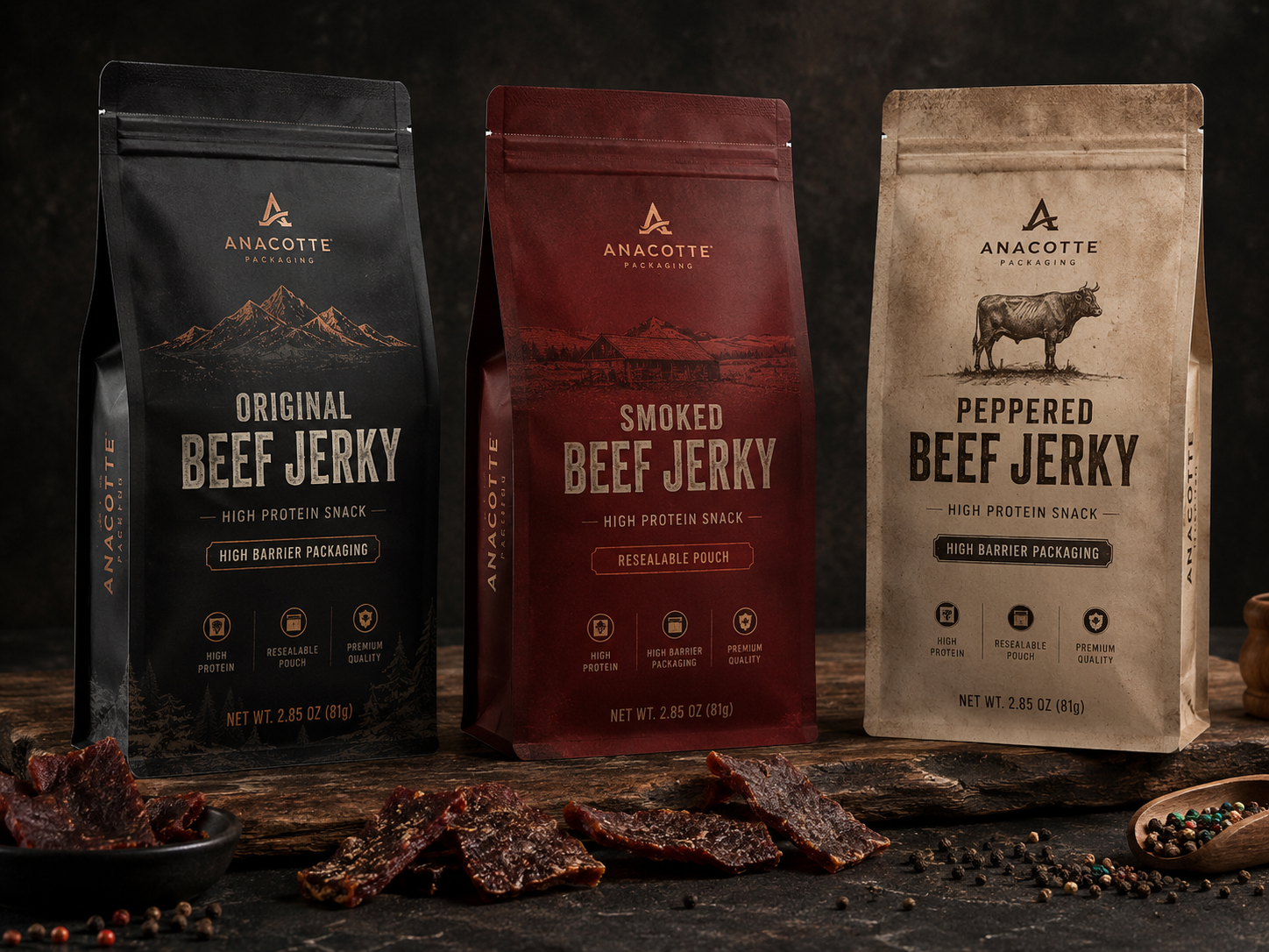4 oz / 113g Custom Beef Jerky Packaging Pouches | Flat Bottom Jerky Bags