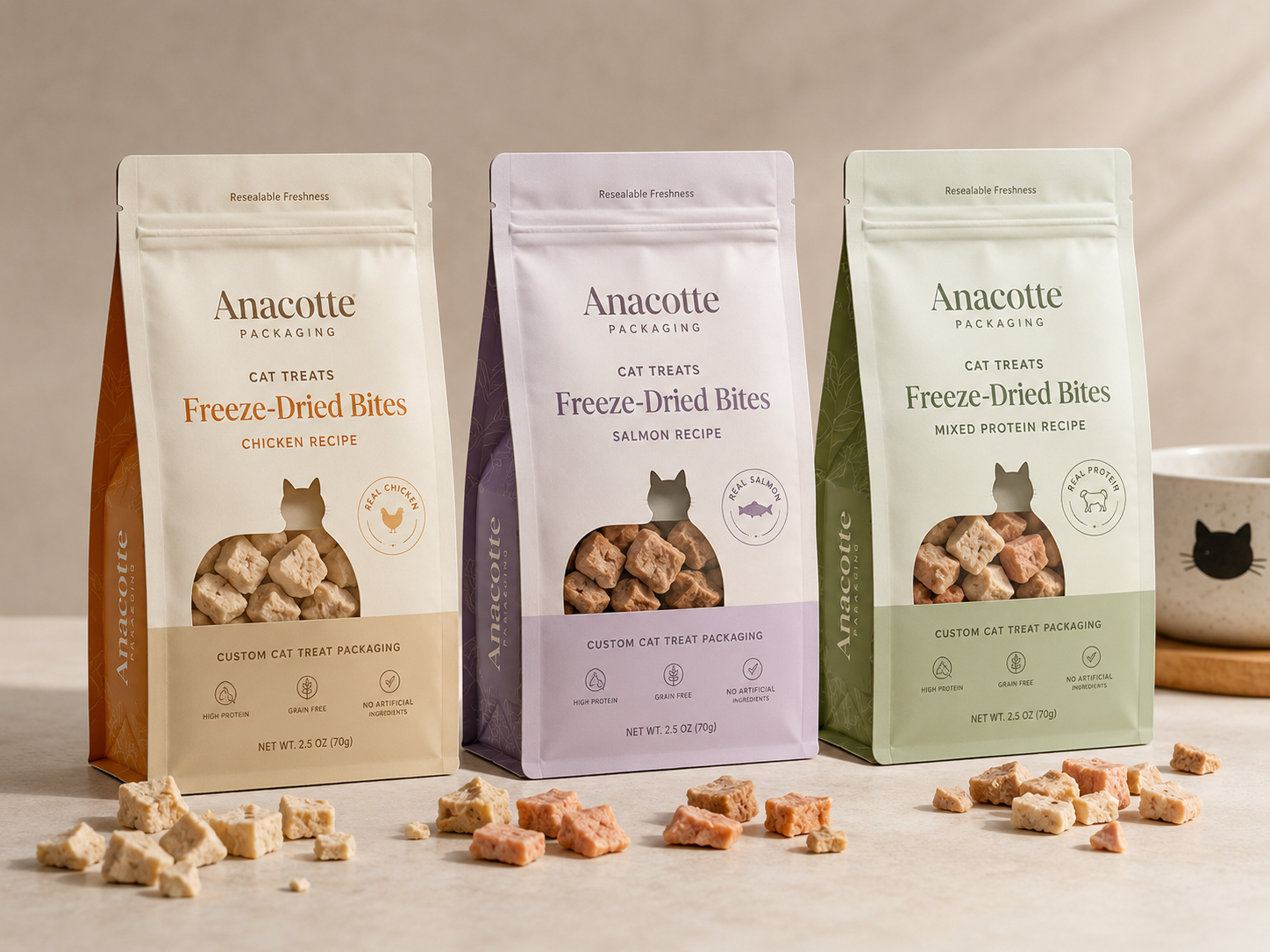 4 oz / 113g Custom Cat Treat Packaging Pouches | Flat Bottom Pet Treat Bags