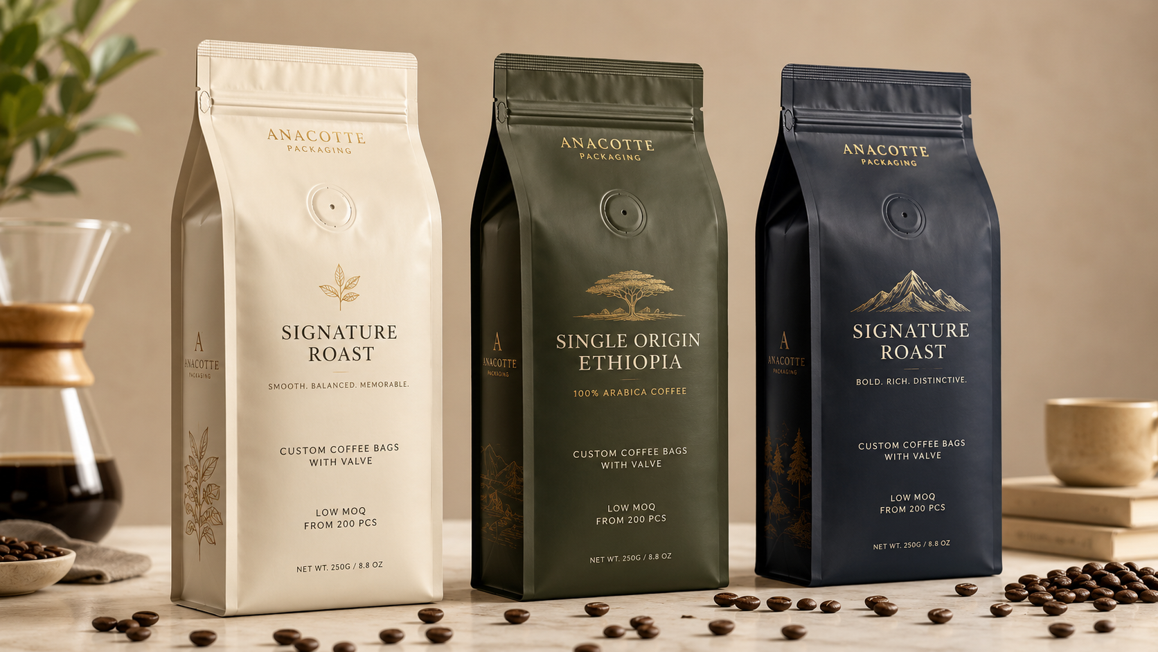 Custom 8 oz / 250g Quad Seal Coffee Bags with Valve