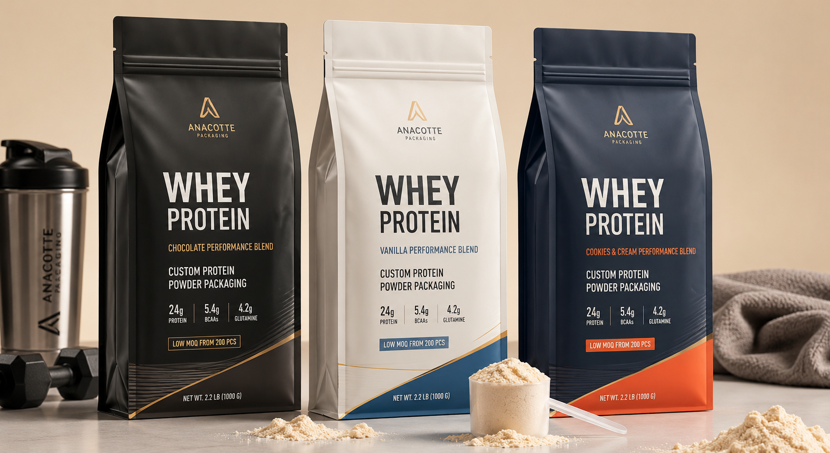 2 lb / 1kg Custom Quad Seal Protein Powder Packaging Pouches