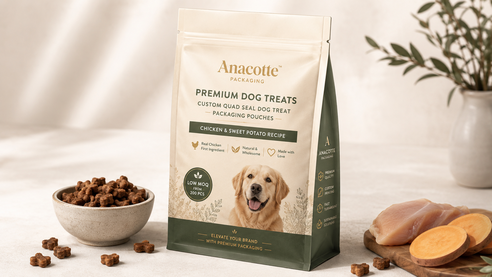 12 oz / 340g Custom Quad Seal Dog Treat Packaging Pouches