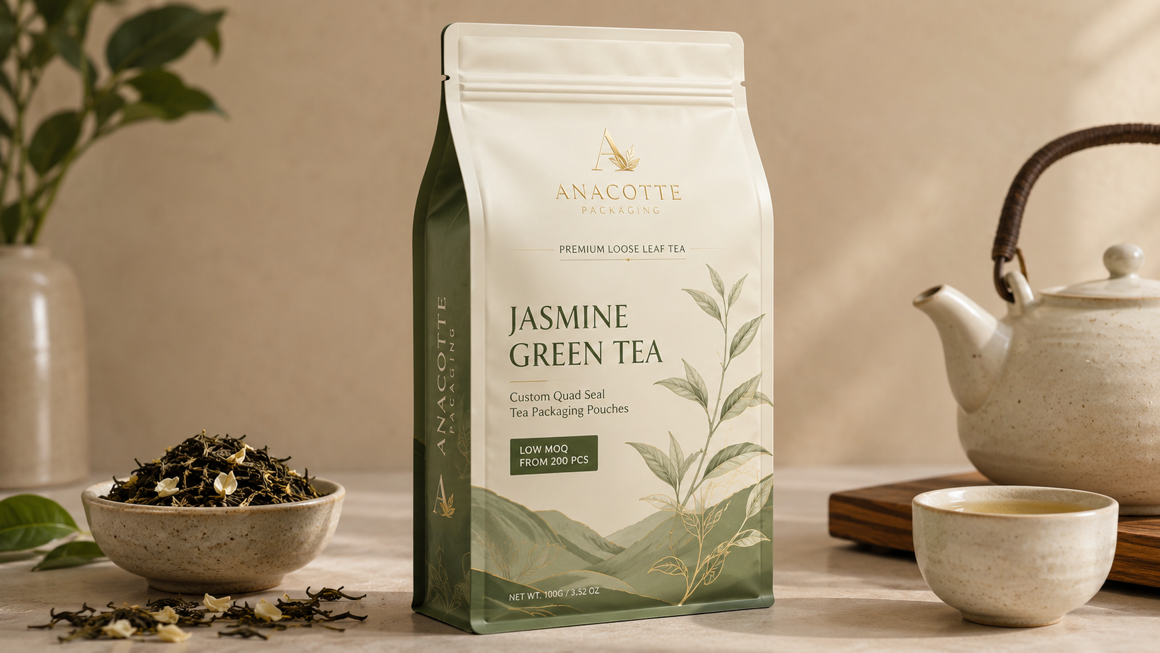 Custom Quad Seal Tea Packaging Pouches