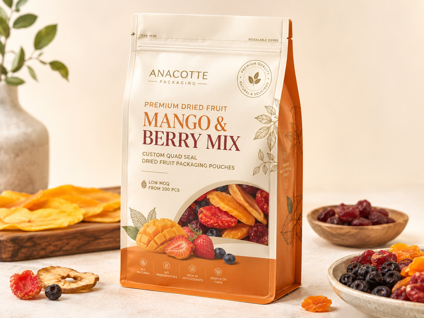 Custom 4 oz / 113g Quad Seal Dried Fruit Packaging Pouches