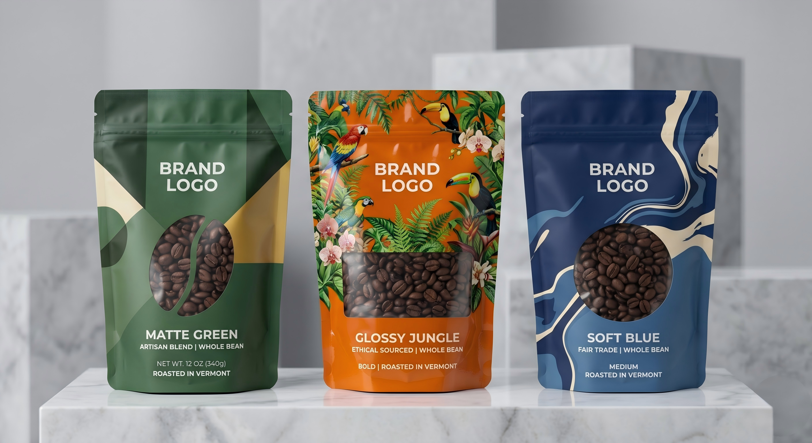 Custom Printed Stand Up Coffee Pouch with Window | Personalized Flexible Packaging