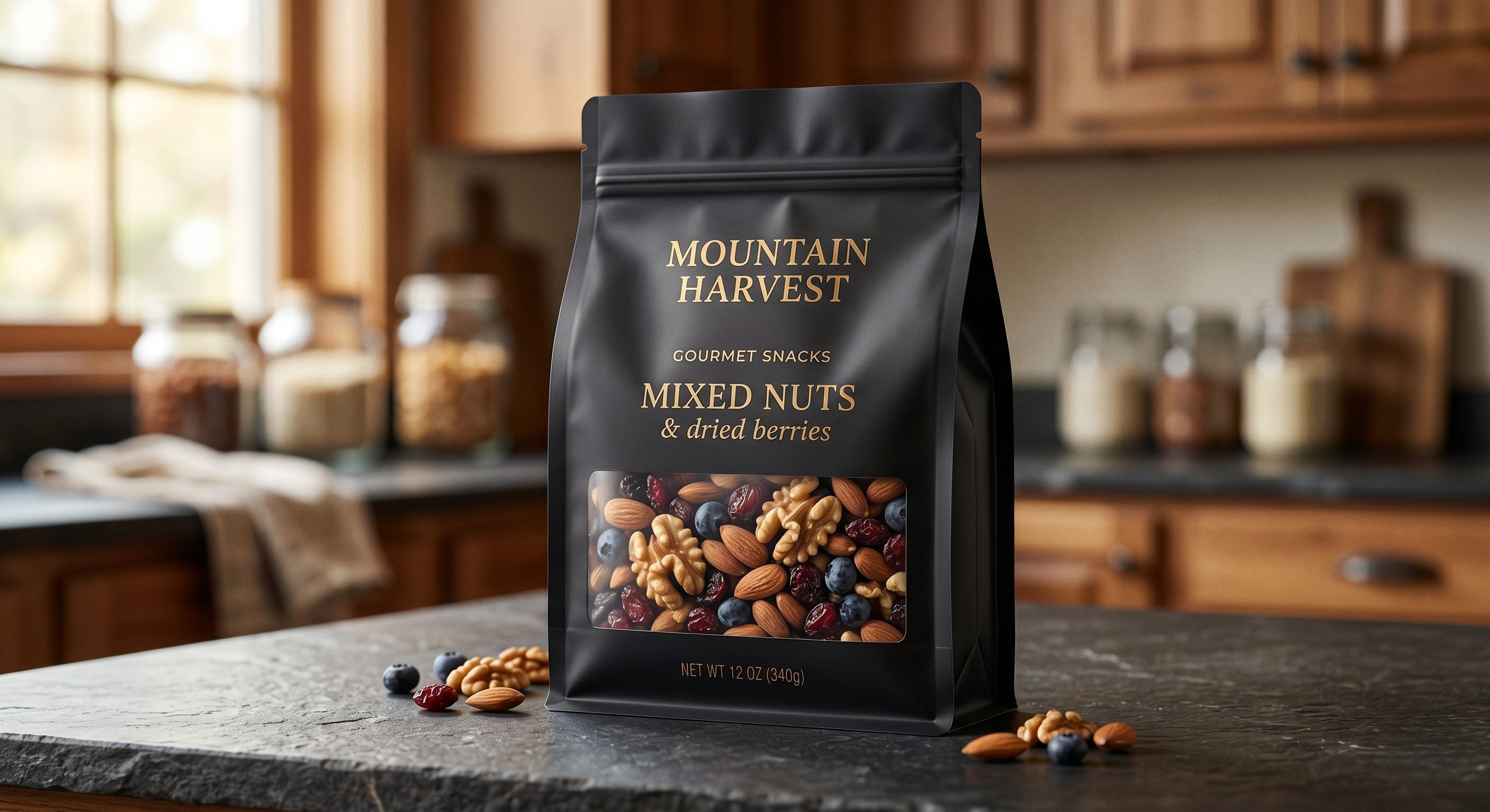 12 oz / 340g Custom Gourmet Snack Flat Bottom Pouches | Window Packaging Bags