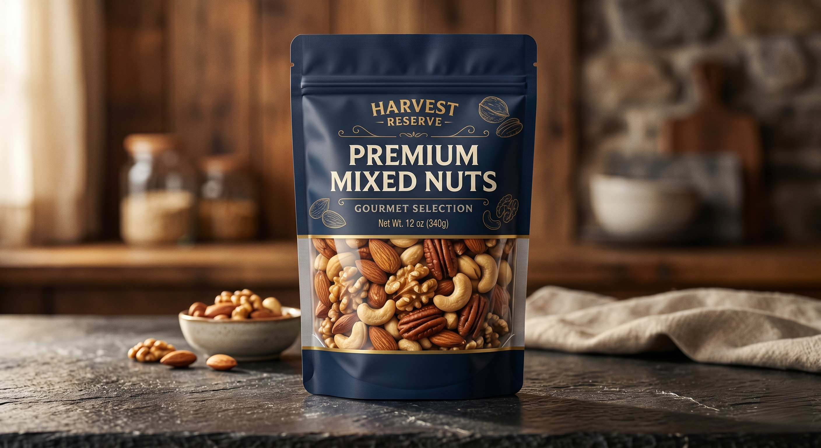 12 oz / 340g Premium Mixed Nuts Stand Up Pouch | Resealable Window Snack Bag