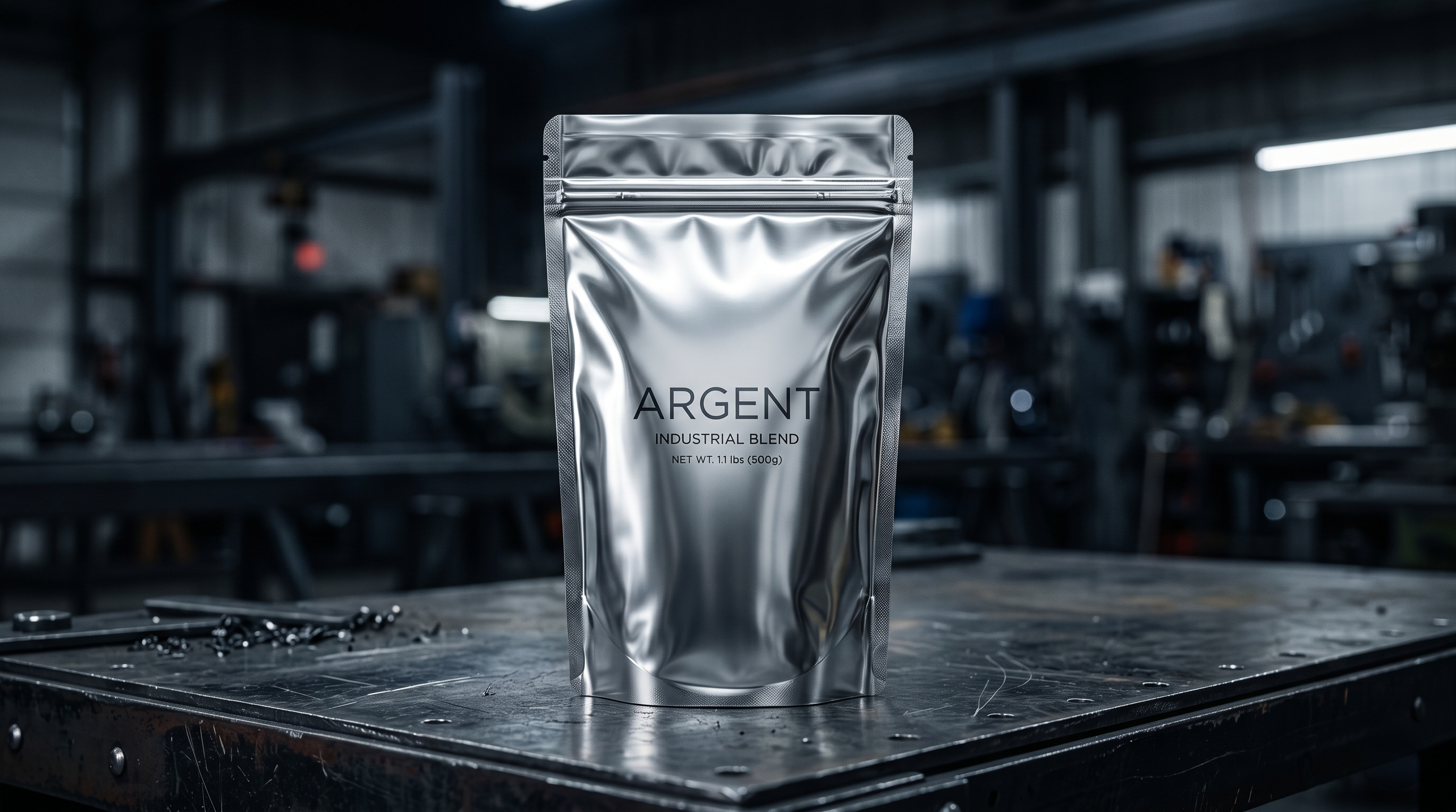 Metallic Silver Stand Up Pouch - High-Barrier Smooth Polymer for Coffee & Industrial Goods