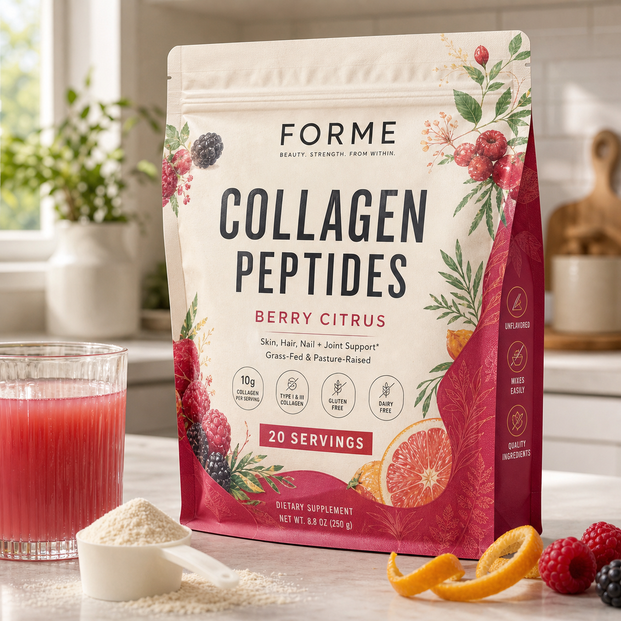 Realistic custom collagen protein powder flat-bottom pouch