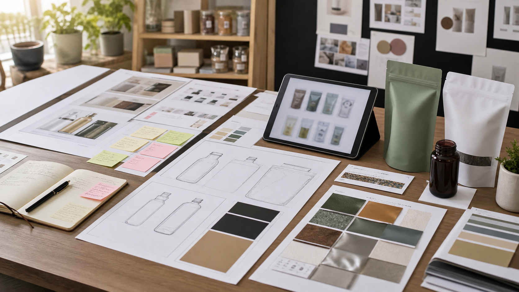 Low MOQ sample planning workspace with packaging samples, product mockups, and launch quantity notes