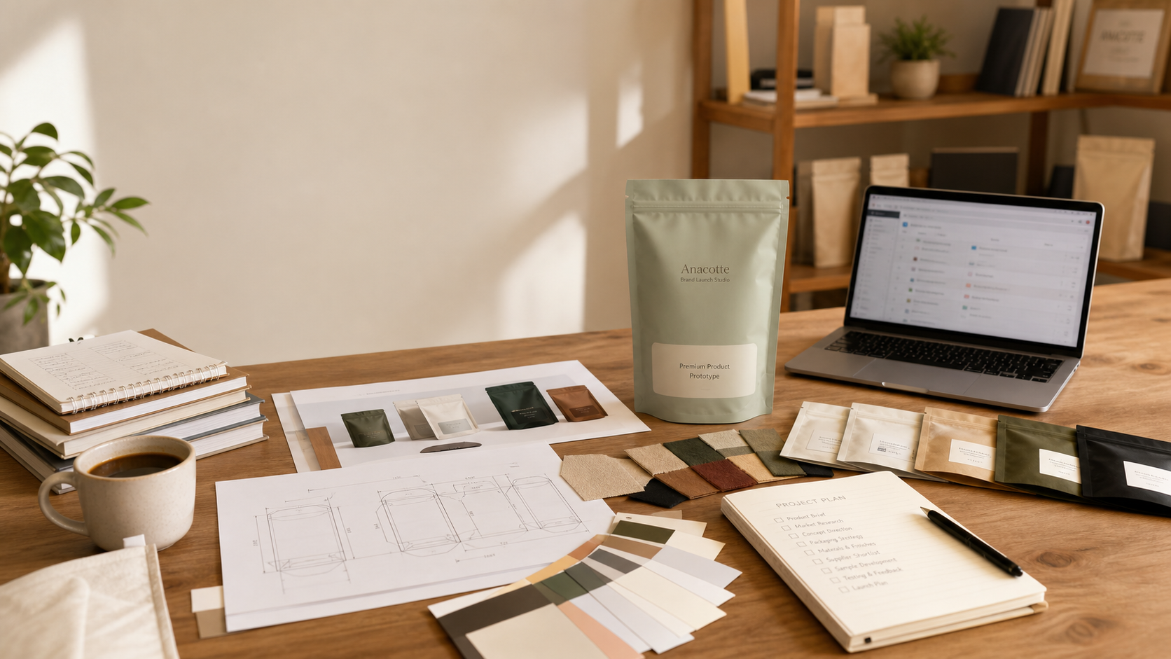 Product launch planning board with supplier notes, packaging references, and sample development checklist