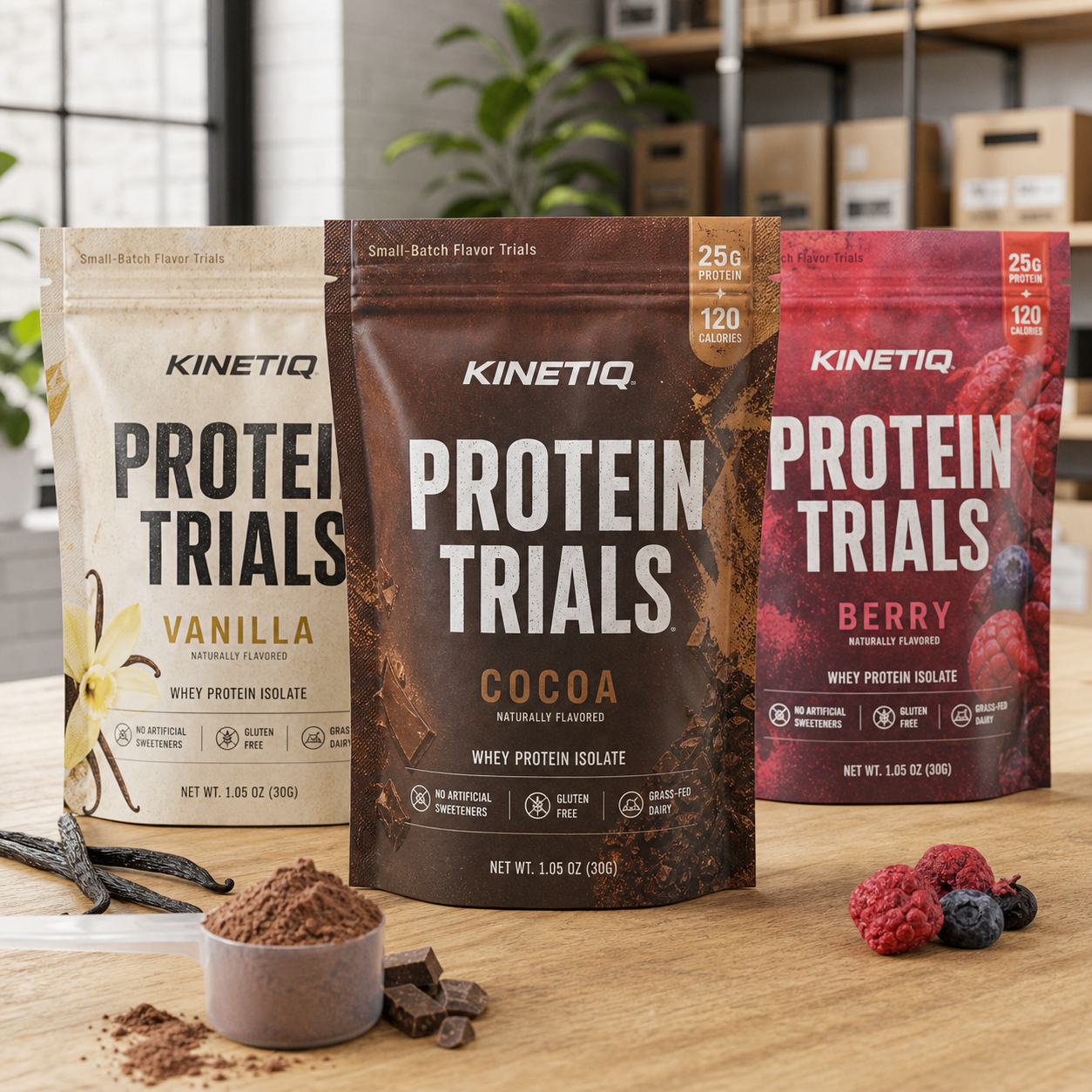 Realistic custom protein powder flavor trial pouches for low MOQ launch