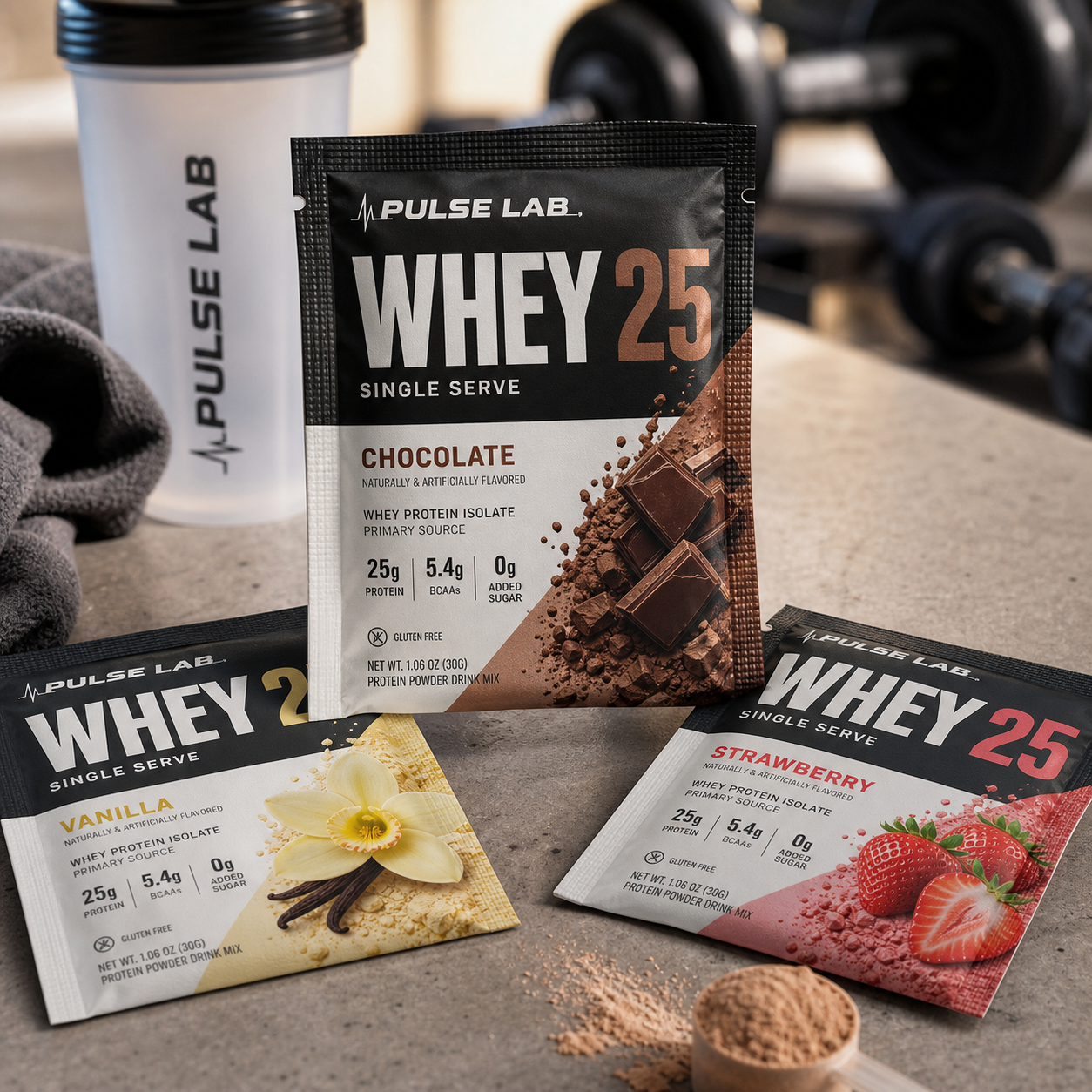 Realistic custom single-serve protein powder sachets