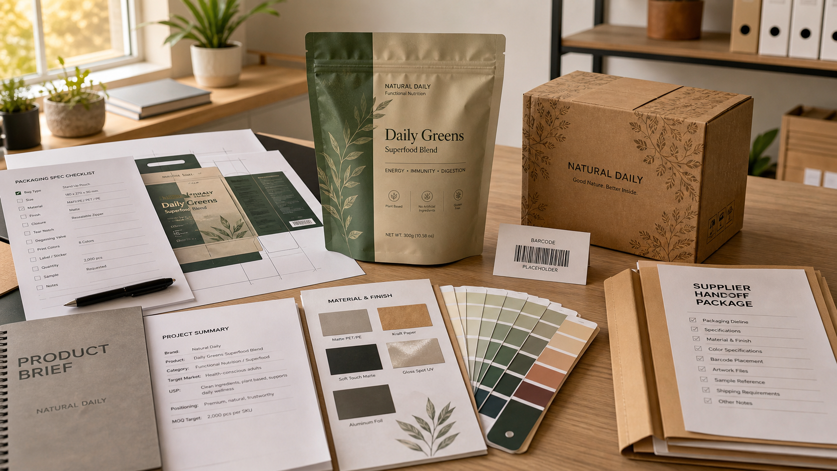 Supplier-ready product handoff with packaging samples, spec notes, and product development documents