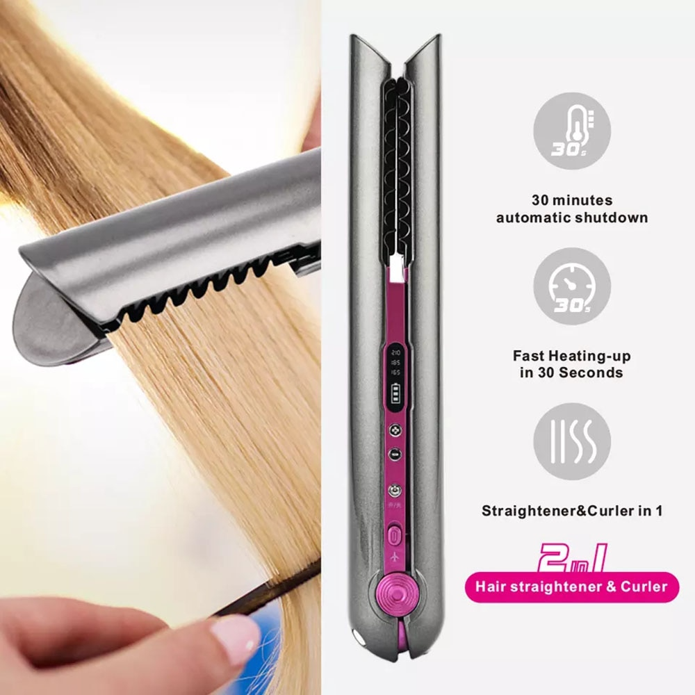 4800mAh Cordless 2-in-1 Wireless Charging Base Hair Iron with Straight and Curlier - Portable, USB Charging, and Ideal for Dry and Wet Hair