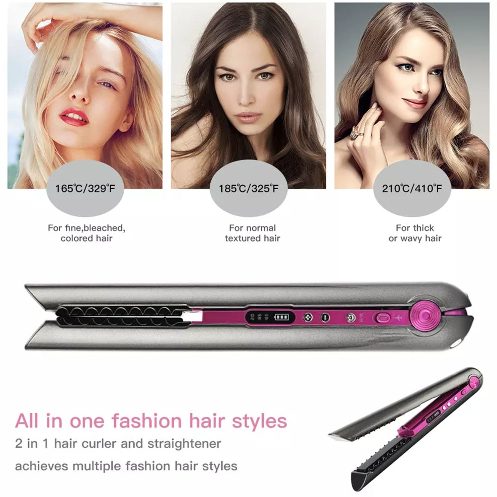 4800mAh Cordless 2-in-1 Wireless Charging Base Hair Iron with Straight and Curlier - Portable, USB Charging, and Ideal for Dry and Wet Hair