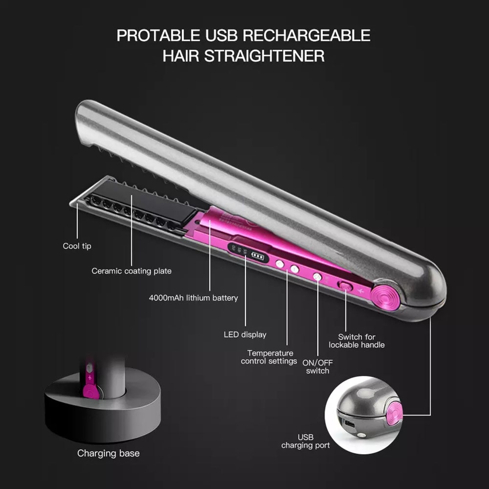 4800mAh Cordless 2-in-1 Wireless Charging Base Hair Iron with Straight and Curlier - Portable, USB Charging, and Ideal for Dry and Wet Hair