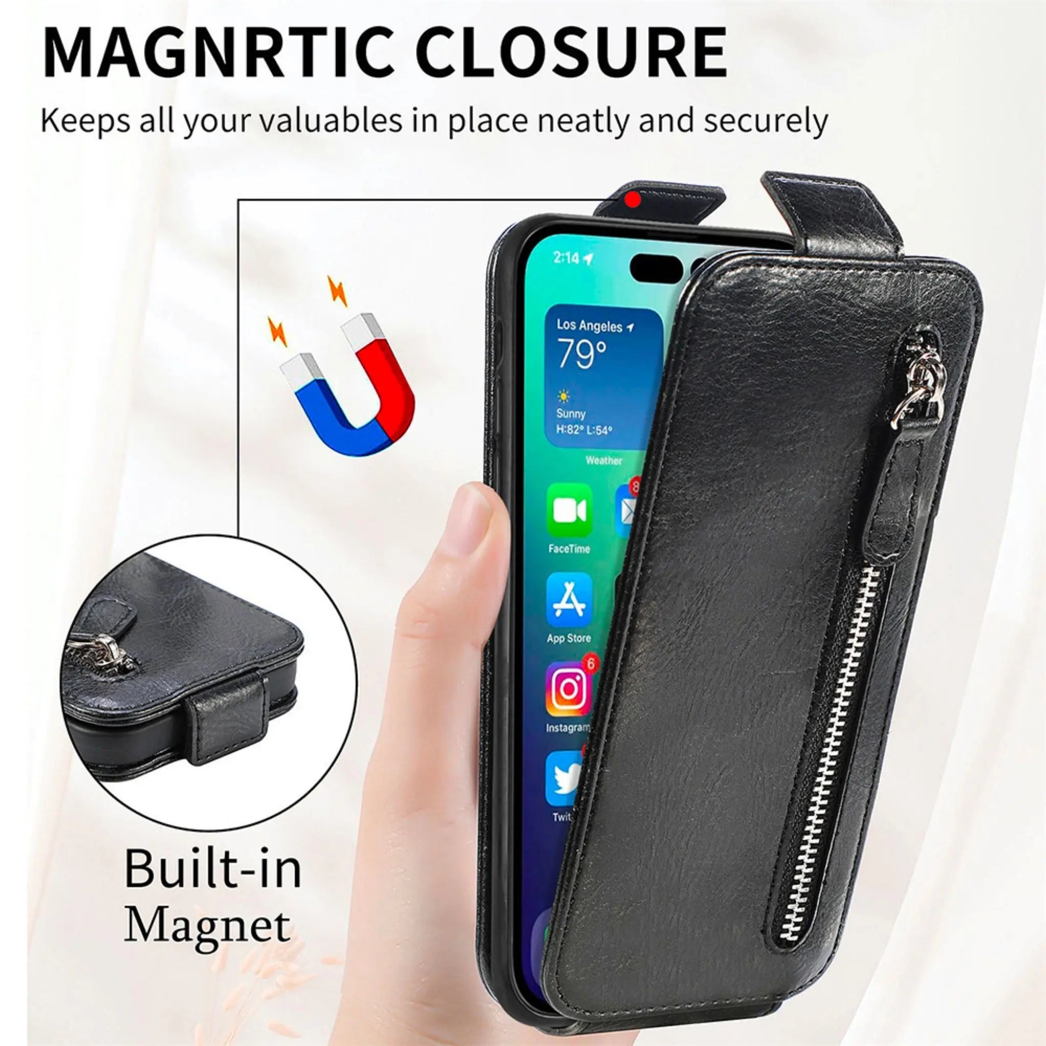iPhone 14 Anacotte Leather Zipper Card Wallet Flip Cover Car Magnetic Holder Stand Coque iPhone case Anacotte
